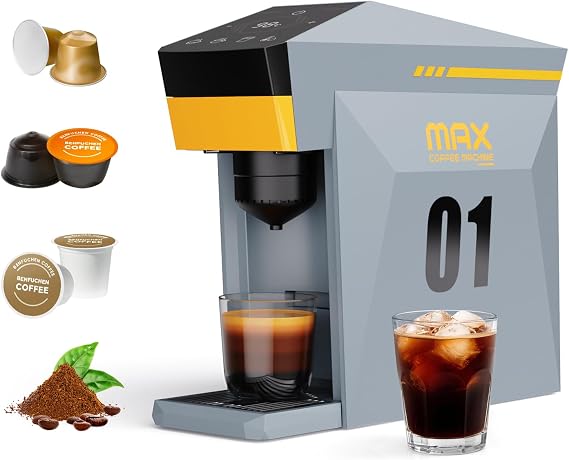 4 in1 Single Serve Coffee Maker, 19 Bar Espresso Coffee Machine For Nespresso OriginalLine Capsules/KCup/Ground Coffee, Single Cup Coffee Brewer 1400W Fast Brew in 1 Minute, with Hot Water Dispenser
