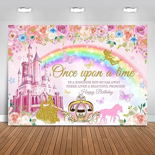 Mocsicka Princess Happy Birthday Backdrop Pink Royal Castle Carriage Floral Birthday Backdrop Princess Theme Girl Birthday Party Decorations Banner Photo Studio Props 7x5ft