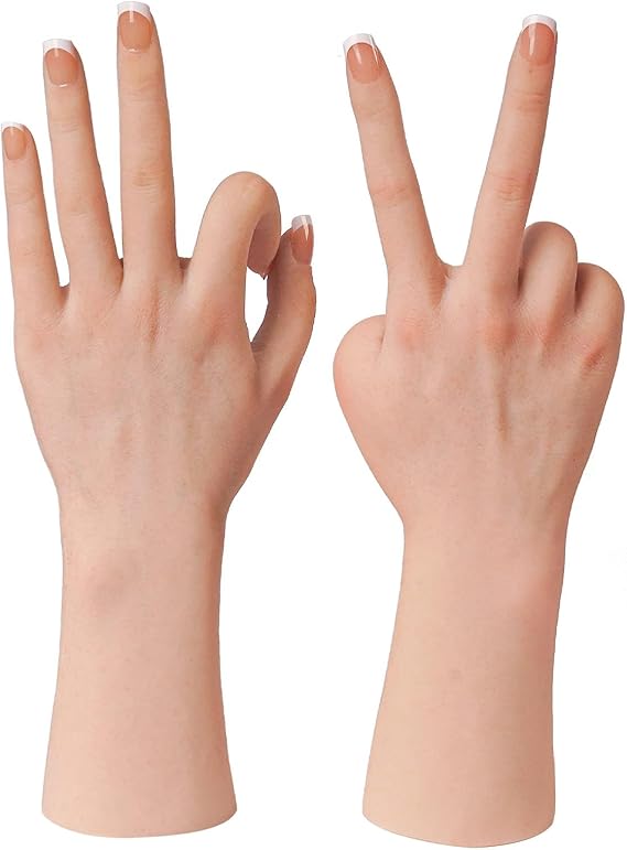KUMIHO Realistic Silicone Female Hand Model Fake Hand for Jewelry Display Tattoo Training Practice Art Sketch with Nails, 1 Pair -with Skeleton, Brown