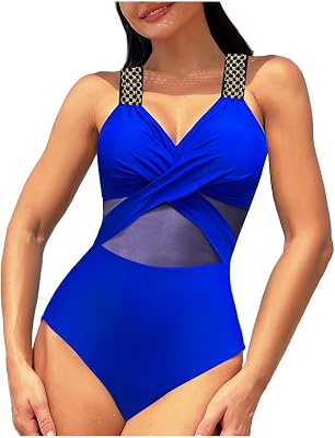 hlysgo Monokini Swimsuits for Women Sexy Mesh Tummy Control One-Piece Bathing Suits High Waisted Push Up V Neck Swimwear