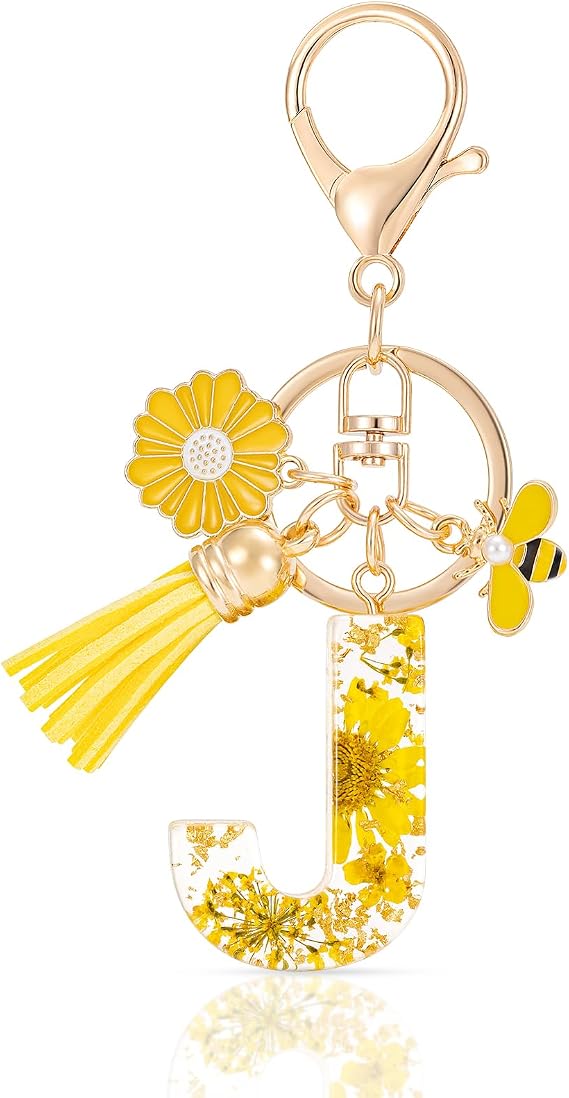 MWOOT Initial Letter Keychain Resin Alphabet Keyrings,Yellow Petals Gold Foil Key Ring Key Chain Charm