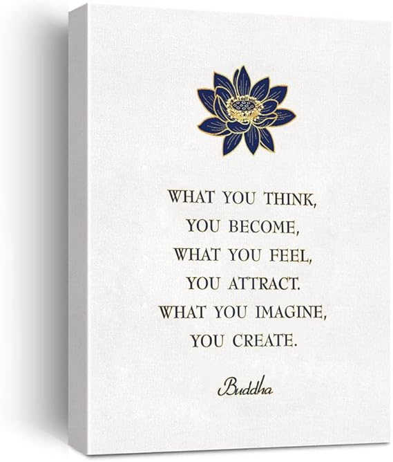 Buddha Quote Framed Wall Art,What You Think You Become Canvas Painting Artwork, BLue Lotus Buddhism Zen Meditation Prints Poster for Yoga Studio Therapy Buddha Room, Read to Hang 12x15 In
