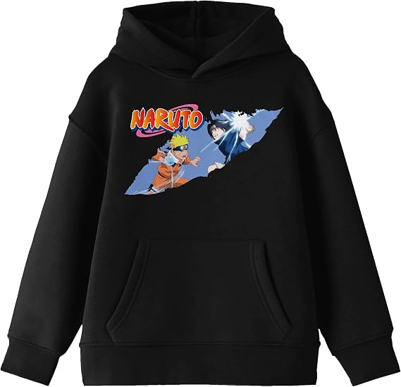 Bioworld Naruto Classic Clipped Sasuke And Naruto Fight Long Sleeve Boys' Black Hooded Sweatshirt