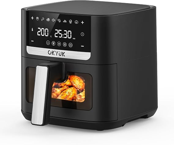 OKYUK Hot Air Fryer 6L Airfryer XL - 1200W Fryer without Oil with Metal Interior Hot Air Fryer Air Fryer 8 Programmes Digital LED Display Timer User-Friendly 80-200°C