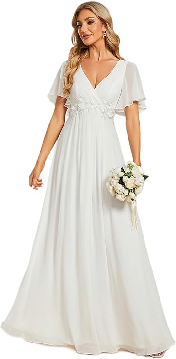 Ever-Pretty Women's Chiffon V Neck Short Sleeves Appliques Formal Evening Dresses Bridesmaid 01960