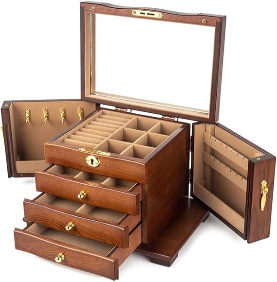 Jewelry Storage Box - Double-Door, Multi-Layer, Large Capacity, Antique Display Case with One-Key Full Lock for Exquisite Jewelry Organization