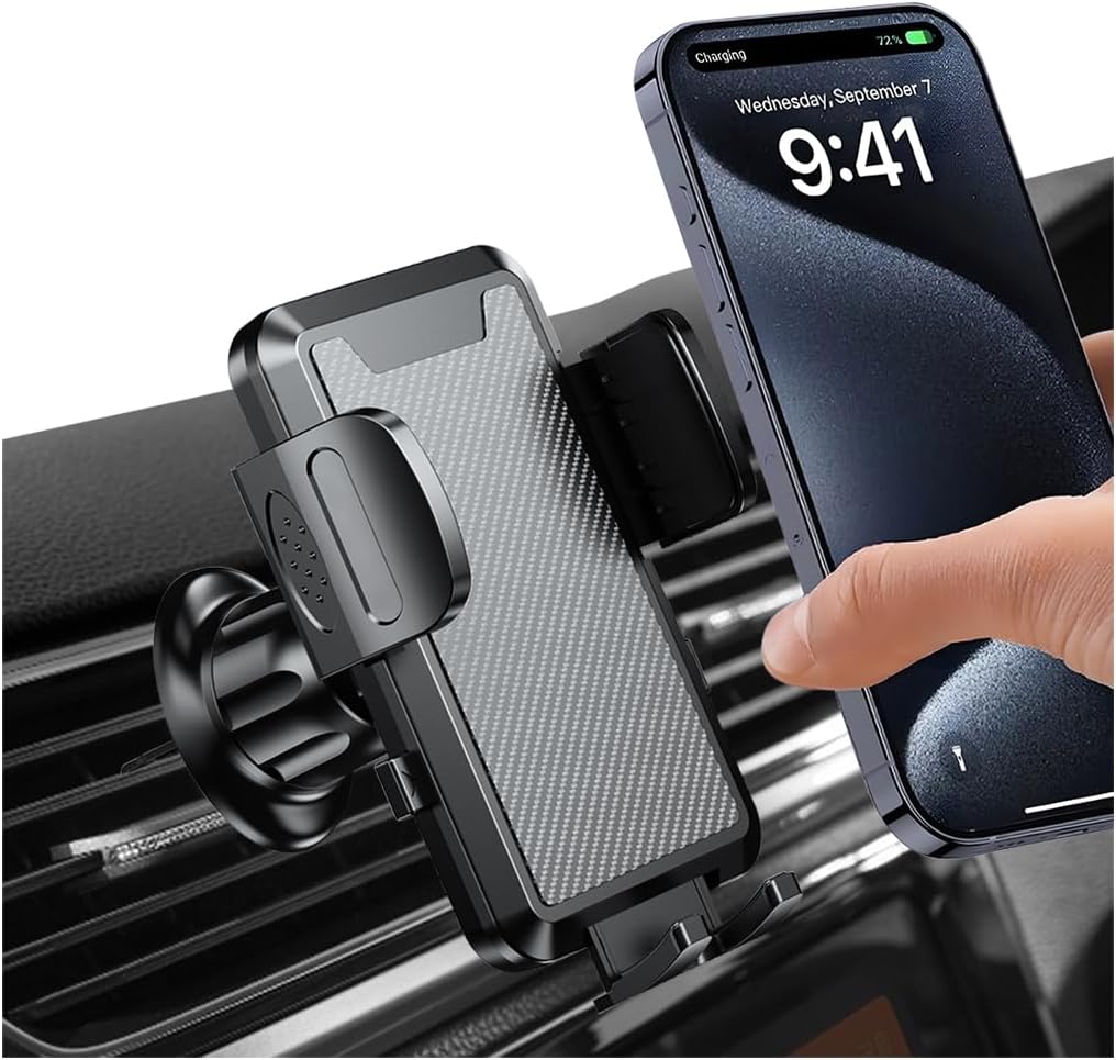 Car Phone Holder Mount, 360  Rotation Adjustable Vehicle Phone Stand with Metal Hook Clip, Auto Cellphone Holder Mount for Air Dashboard Windshield Vent, Universal Fit Carbon Fiber Black