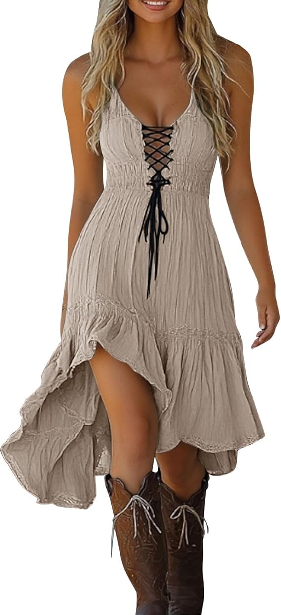Gothic Dresses for Women Sexy v Neck Spaghetti Strap Ruffle Flowy High Low Dress Vintage Medieval Costume