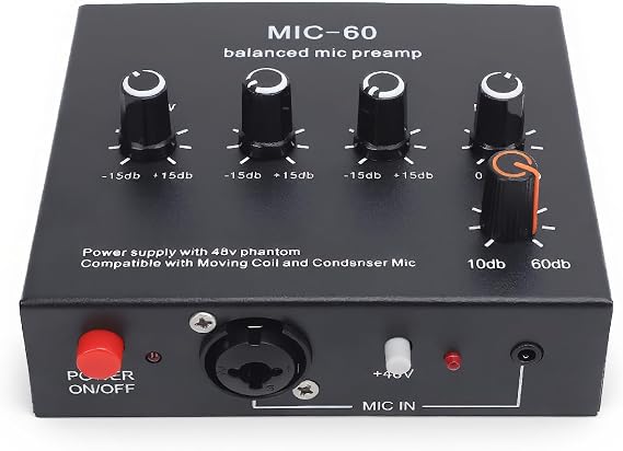 Microphone Preamp with 3 Input 60dB Gain 48V Power, Mic Gain Booster for Condenser Dynamic Mic