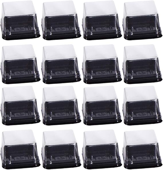100 Pcs Mini Cake Containers with Lids, 2.75" Square Mooncake Box for 50g Pastry, Clear Plastic Individual Cupcake Holder for Muffin, Egg-Yolk Puff, Dessert Display (Black)