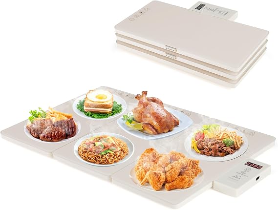 COSTWAY Large Electric Warming Tray, Foldable Food Warming Mat with 6 Timers, 8 Temperature Settings & Tempered Glass Plates, Full Surface Heating Food Warmer for Buffet Party, 67 × 40 x 2.5cm