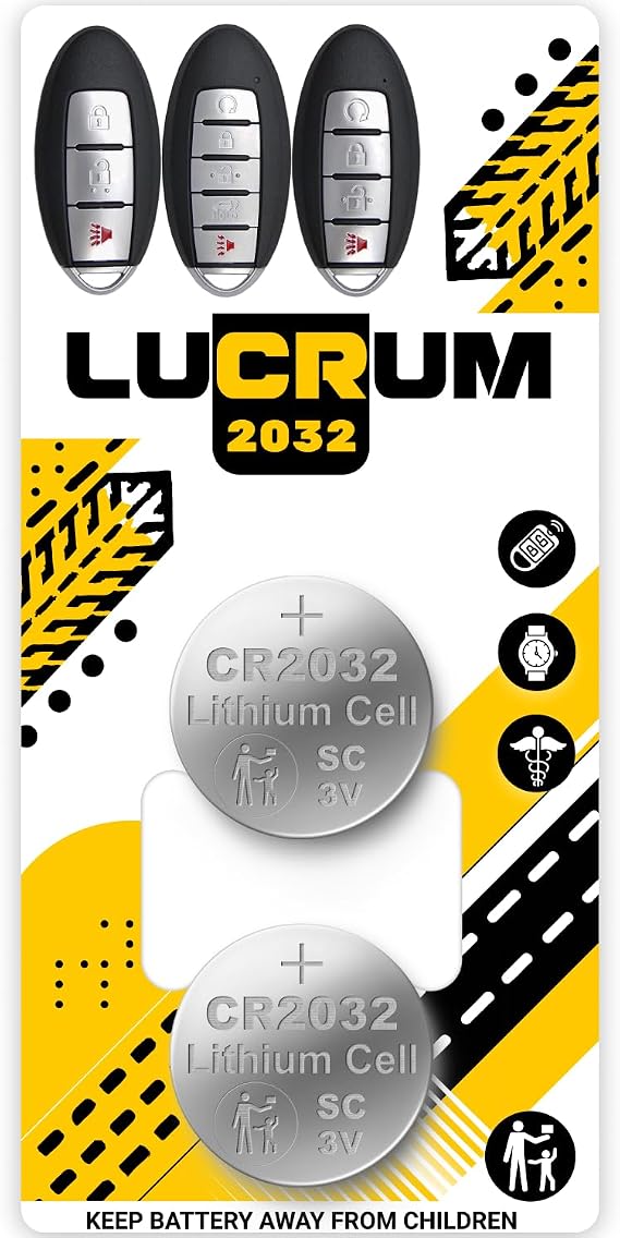 Lucrum 2PCs CR2032 Key Fob Battery Compatible with Infiniti | Fits EX35, EX37, FX35, FX50, G37, Q50, Q60, Q70, QX50, QX70 - CR 2032 240mAh Replacement Batteries for Car Remote Key