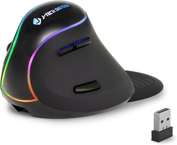 J-Tech Digital Ergonomic Mouse with Wireless Connection, Removable Palm Rest, Thumb Buttons, Rechargeable Battery, 800 DPI, Compatible with Windows