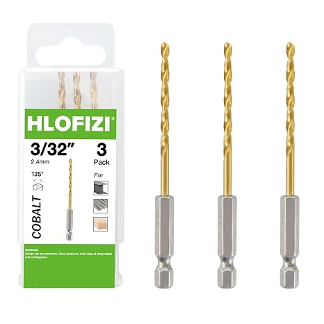 3/32" Cobalt Drill Bit with Hex Shank (3 Pack), Impact Titanium Twist Drill Bits for Metal, Stainless Steel, Cast Iron and Wood