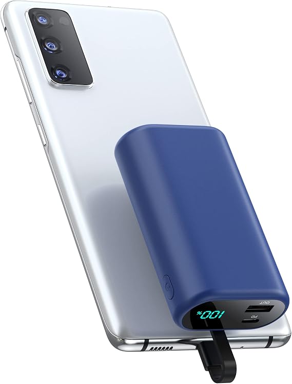Small Portable Charger 10800mAh with Built-in USB-C Cable, Mini PD 3A Fast Charging Power Bank, Ultra-Compact LCD Display Battery Pack Compatible with Samsung Galaxy S22/S21/S10/S9,Note,Moto,LG-Navy