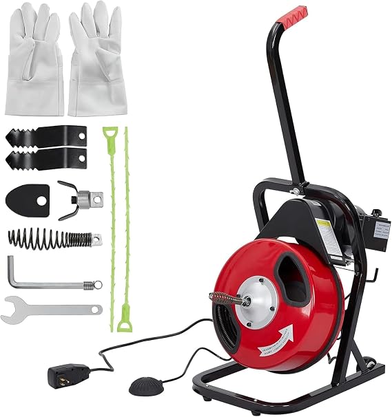 Electric 75FT Drain Cleaning Machine - 1/2 Inch 370W Sewer Snake Auger Cleaner Electric Clog Remover Plumbing Tool,Drain Machine 4 Cutter Blades, Air-Activated Foot Switch and Protective Gloves