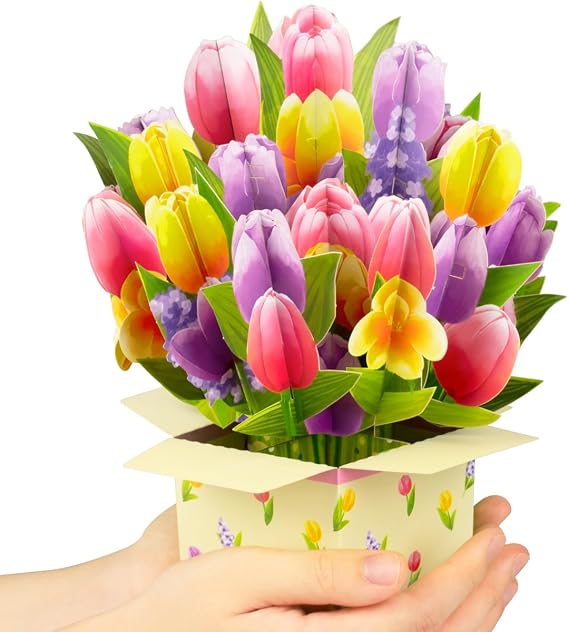 Pop Up Tulip Flower Bouquet Card Get Well Soon Cards 3D Pop Up Birthday Card Thinking of You Greeting Card for Christmas Congratulations Gifts Includes Envelop