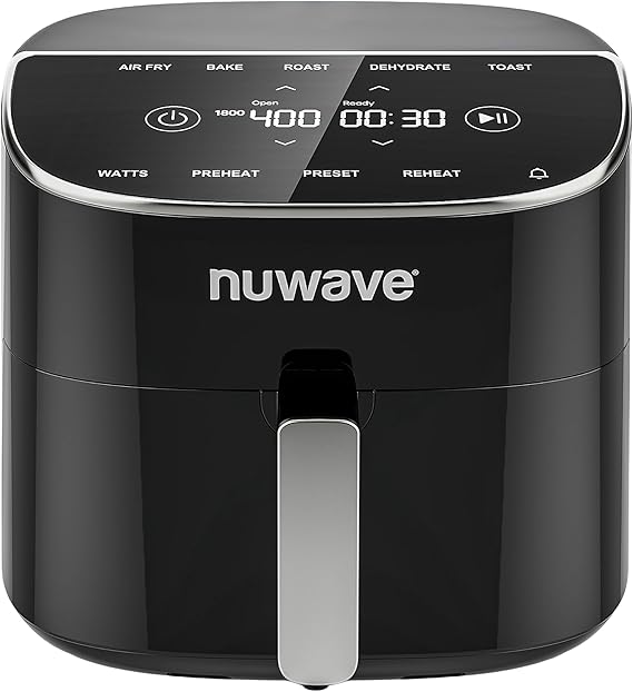 Nuwave Brio Plus 8 Qt Air Fryer, PFAS Free, New & Improved, Digital Touch Screen, Cool White Display, 50F~400F in Precise 5, 5 Cook Functions, 100 Presets & 50 Memory, 3 Wattages 700, 1500, 1800