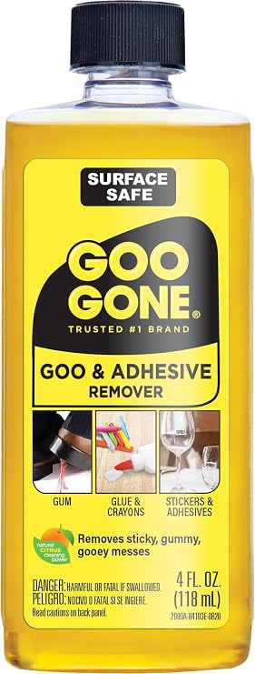 Goo Gone Original Adhesive Remover - 4 Ounce - Surface Safe Adhesive Remover Safely Removes Stickers Labels Decals Residue Tape Chewing Gum Grease Tar