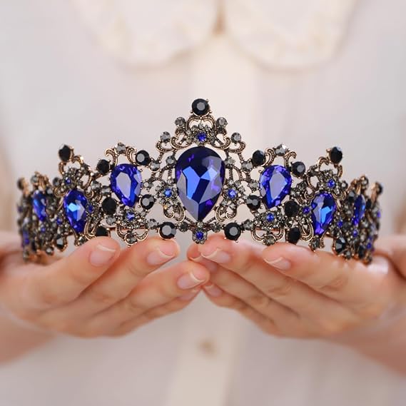 Baroque Queen Blue Black Crystal Gold Headpiece Gold Princess Wedding Headband Royal Crystal Rhinestone Hair Costume for Women and Girls (blue)