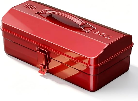 Metal Tool Box Empty, Tool Storage Box with Carry Handle and Metal Latch 37 x 16 x 12 cm Portable Toolbox for Small Parts for Tools (Red)