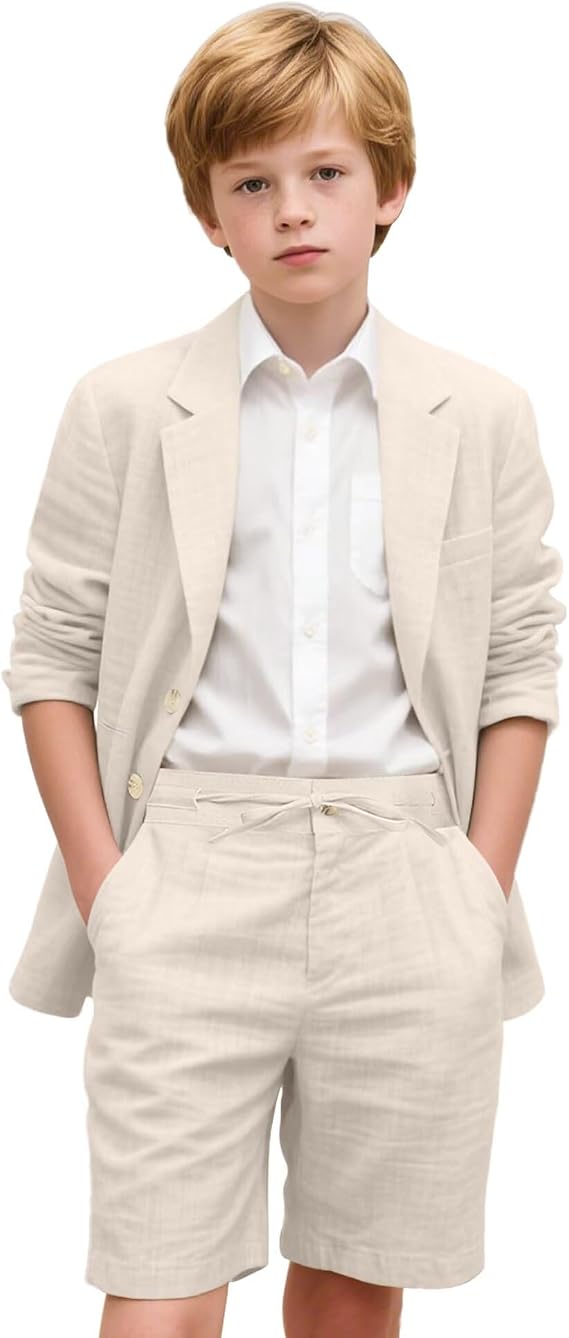 Retro Linen Boys Suit 2 Piece Slim Fit Suits Tuxedo Blazer Short Pants Set Prom Summer Kid Suits Wedding Outfit for Boy