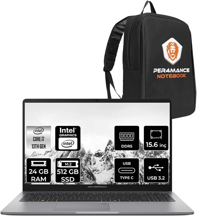 Asus ExpertBook P1 Intel Core i7 13620H 24GB 512GB SSD 15.6" FHD FDOS Laptop & PER4 Çanta
