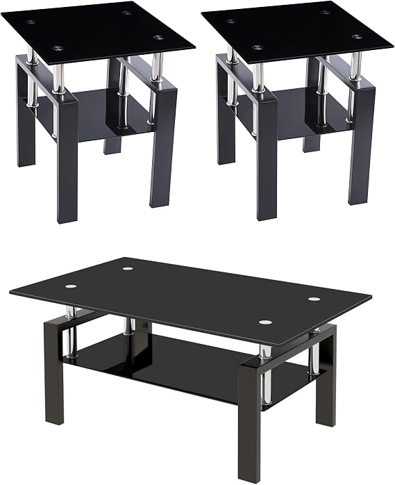 Glass Coffee Table Set of 3, Modern Black Living Room Tables, Coffee and End Tables, 3pcs Coffee Table Set for Living Room (All Black Set of 3)