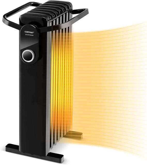 COSTWAY Oil Filled Radiator Heater 1500W, Electric Space Heater with Foldable Hanging Rack, 3 Heat Settings, Dual Safety Protection, Portable Oil Radiant Heater for Indoor Use Home Office (Black)