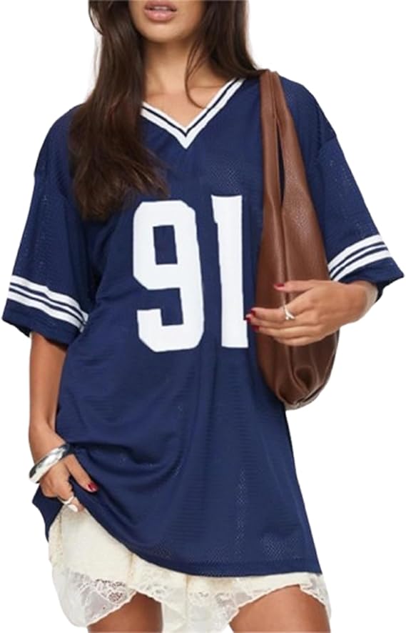 Jersey Shirts for Women Y2k Oversized Number Graphic Tee T-Shirt V Neck Short Sleeve Sport Casual Tops Streetwear