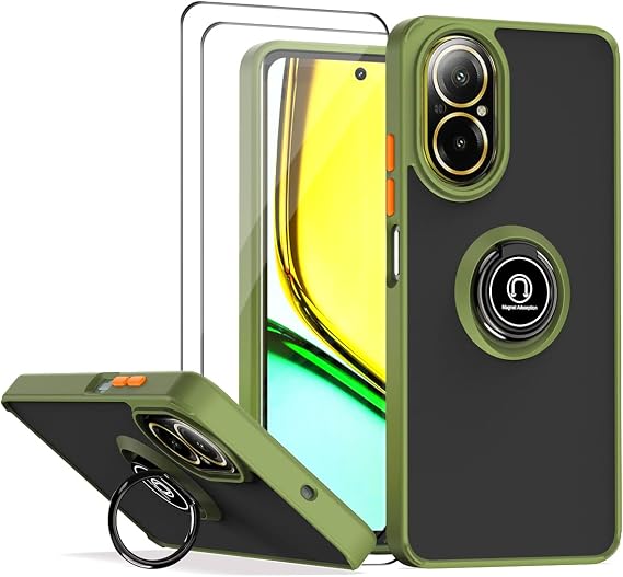 QUIETIP Case Compatible with Realme C67 4G with Screen Protector,TPU + Hard PC Shockproof Magnetic Ring Car Mount Stand Cover,Green