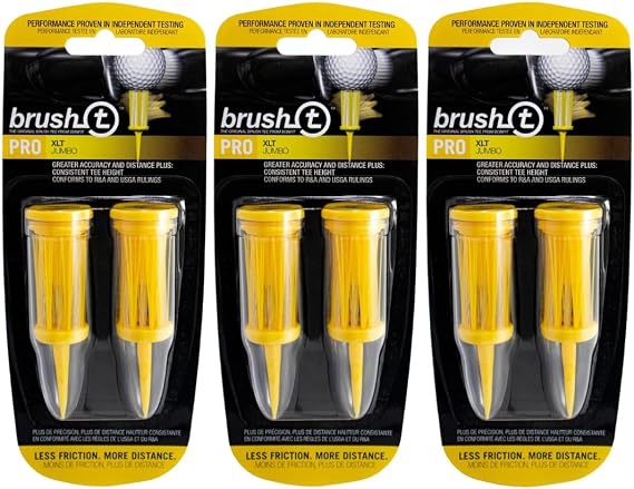 BRUSH-T Premium Plastic Golf Tees, Yellow XLT Size 3 1/8", Unbreakable Innovative Design, Consistent Height, Perfect Golf Gift for Men and Women. Golfing Brush Tees, Works with Any Golf Ball (6 Pack)