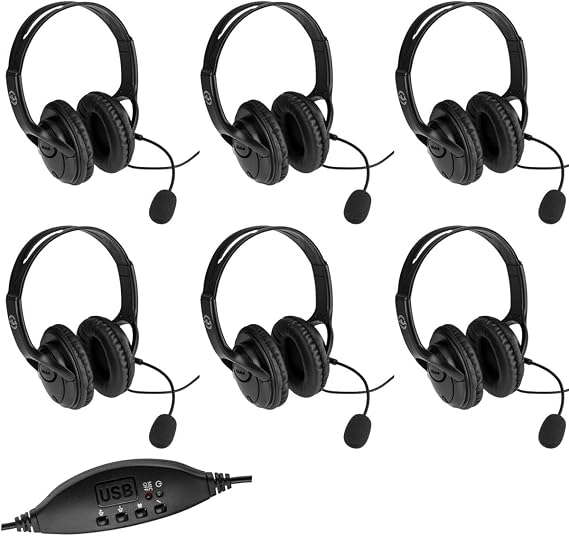 Adorama LX-USB05 USB Wired Headset with Microphone 6- Pack in-Line Controls Professional Business Headphones VoIP Phone Computer Call Center Office