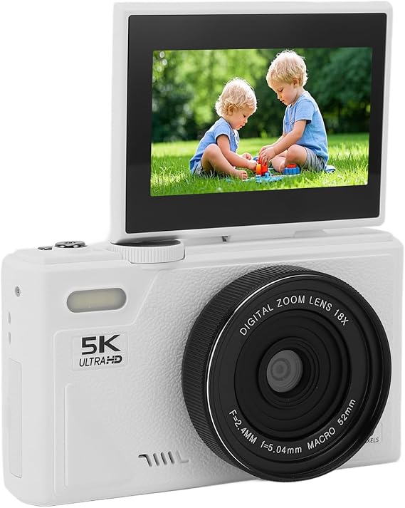 5K Digital Camera, 75MP HD Vlogging Cameras with 3 Inch Screen 18X Digital Zoom, Autofocus Retro Compact Travel Camera, for Travel, Family Photography (White)