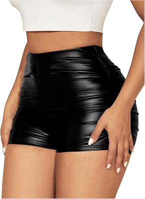 Milumia Womens Ruched Faux Leather Mini Shorts High Waist Sexy Going Out Rave Shorts