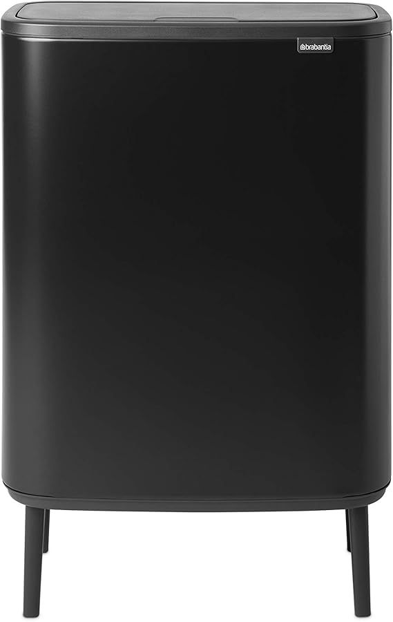 Brabantia Bo Hi Touch Top Kitchen Trash Can with Single Compartment & Raised Legs | Matt Black | 16 Gal Inner Bucket | Soft-Close, Light Touch Opening, Stay-Open Lid | + Trash Bags