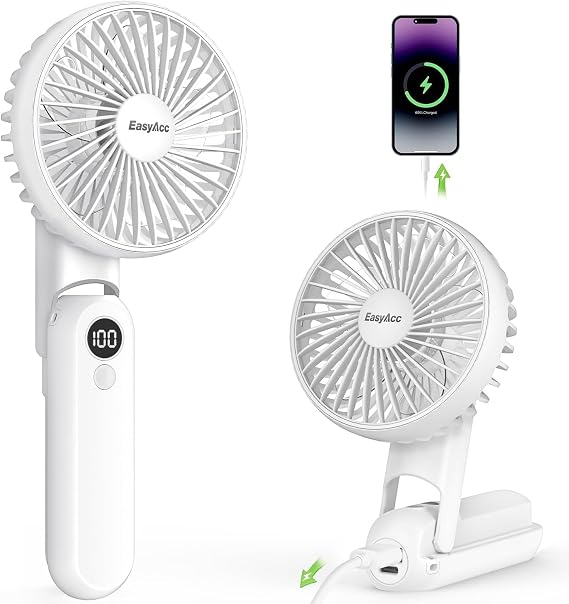 EasyAcc 3-in-1 Handheld Fan with 5000 Capacity Built-in Battery, Ultra-Quiet Powerful Portable Fan, 5 Speeds, Backup Power, SOS Light, Digital Display and Lanyard for Travel, White