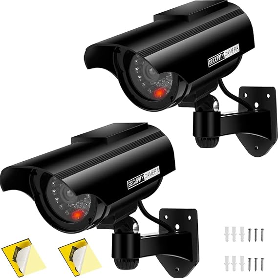 Solar Powered Fake Security Cameras, Bullet Dummy Security Camera, Simulated Surveillance Camera with Flashing Light and CCTV Stickers for Home Businesses Indoor/Outdoor (2 Packs, Black)