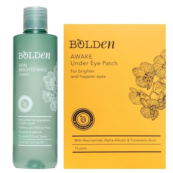Bolden Skin Brightening Toner & Under Eye Patches Bundle AHA Toner + Brightening Eye Masks | with Glycolic Acid, Vitamin C & More
