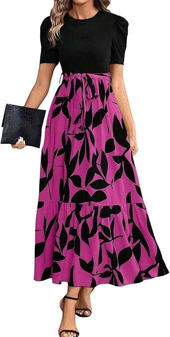 Long Floral Dresses for Women 2025 Elegant Tie Waist Maxi Dress Patchwork Short Sleeve Modest Flowy A Line Dress