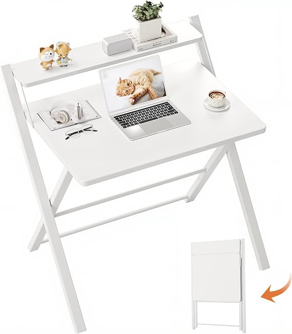 GreenForest No Assembly Required Folding Desk with Monitor Shelf,White