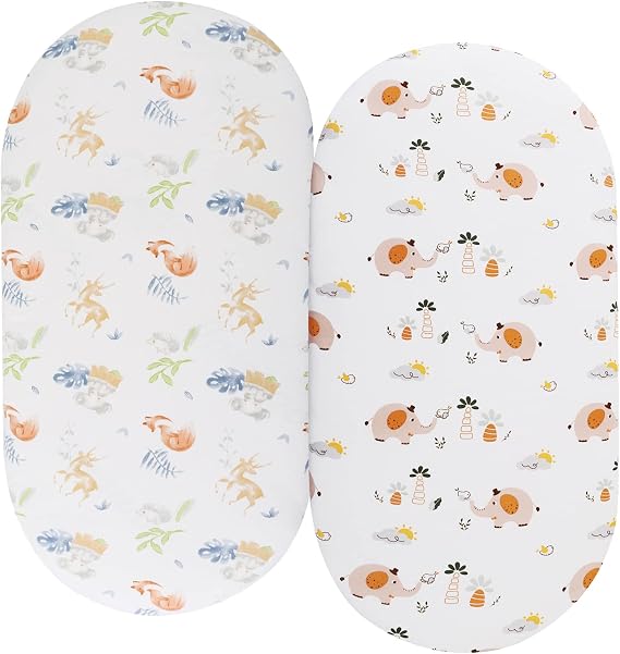 Bassinet Sheets Compatible with Halo Bassinest Swivel, Flex, Glide, Premiere & Luxe Series Sleeper Mattress, 2 Pack, 100% Jersey Knit Cotton 190GSM, Ultra Soft Breathable, Fox Deer and Elephant