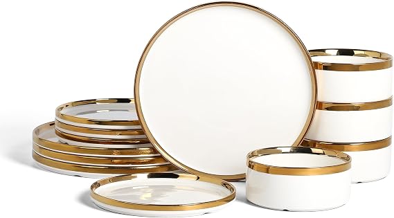 Christian Siriano Solene Porcelain Dinnerware, 12-Piece Plates and Bowls Set, Dish Set for 4, White with Gold Rim, Glossy Finish, Hand Wash Only