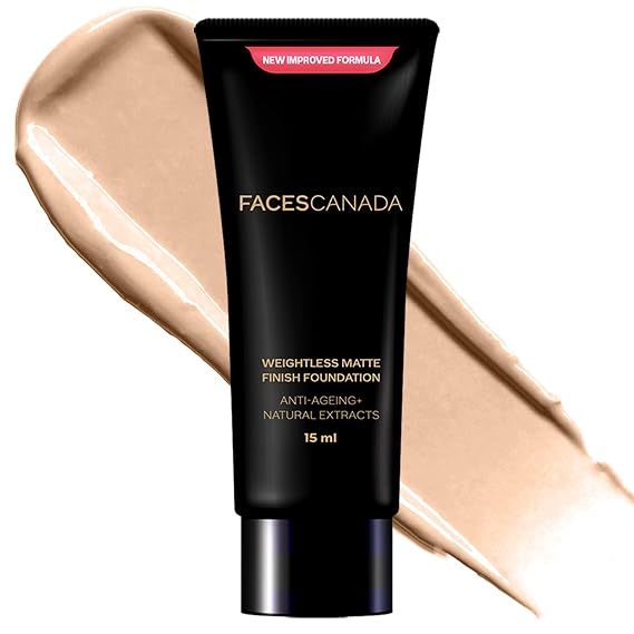 FACES CANADA Weightless Matte Finish Foundation - Beige 03, 18 ml | Ultra Blendable Smooth Texture | Natural Matte Finish | Anti-Ageing | Grape Extract, Shea Butter, Olive Seed Oil Enriched