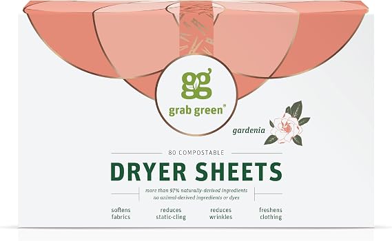 Grab Green Dryer Sheets, 80 Count, Gardenia, Compostable