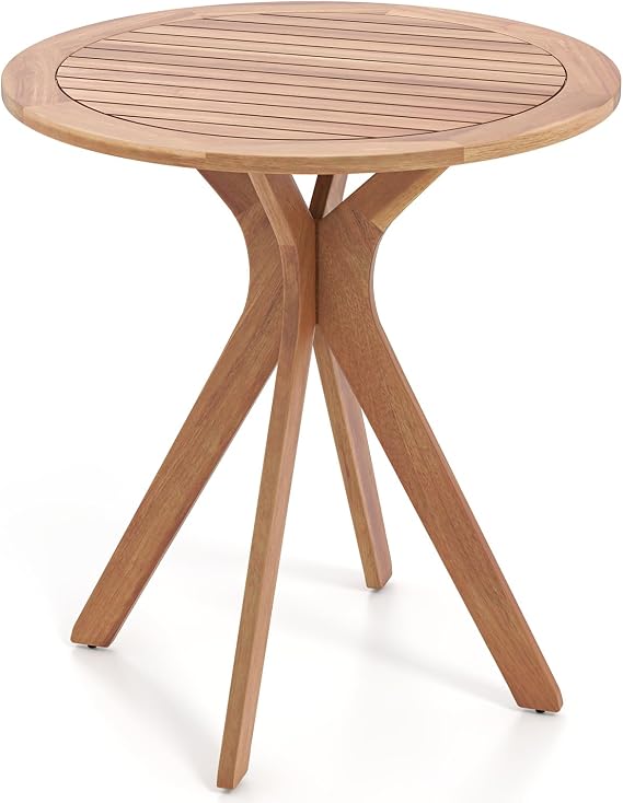 Tangkula 27.5 Inch Acacia Wood Outdoor Patio Bistro Table, Round Wooden Table w/X Base, Coffee Side Bistro Table for Garden, Backyard, Patio, Living Room (Teak)