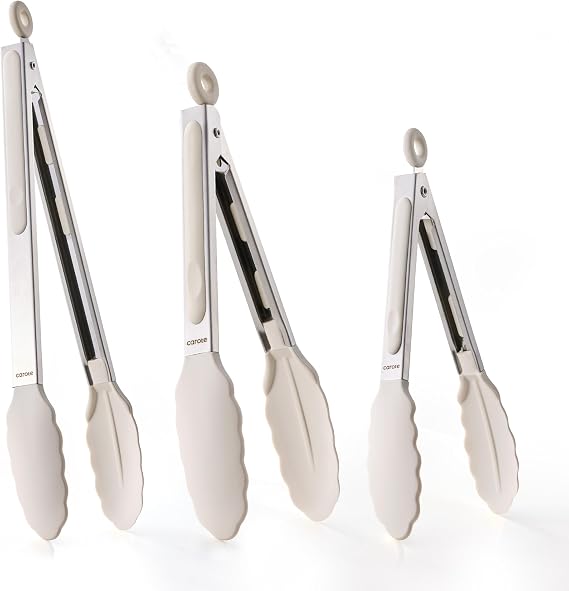 CAROTE Tongs for Cooking Heat Resistant Stainless Steel Kitchen Tongs with Non Scratch Silicone Tips, Perfect for Nonstick Cookware, BBQ Tongs Set of 3 (7"+9"+12")
