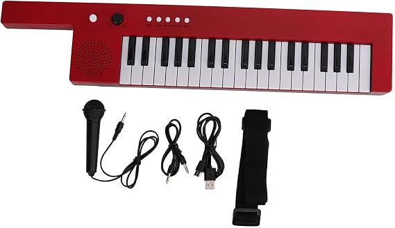 Portable Piano Electronic Keyboard for Beginners - Mini Organ Guitar Keytar with 37 Keys - Red Musical Instrument
