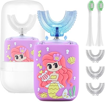 Kids Electric Toothbrush, U Shaped Toothbrush Kids Sonic Automatic Brush with Cup 5 Brush Head 6 Clean Modes IPX7 Waterproof Mermaid Design Rechargeable Smart Timer for Children 8-13