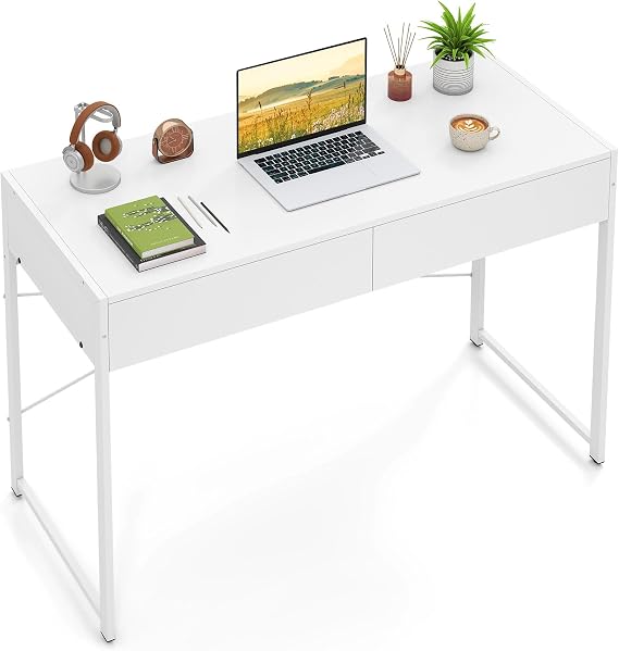COSTWAY Computer Desk with 2 Drawers, Compact Wooden PC Laptop Table Writing Workstation, Simple Home Office Working Gaming Study Desk (111 x 48 x 76cm, White)